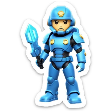 Clash of Clans aesthetic: Cinematic Playful Terran Marine Hero Emoji, rendered in a 3D vector-style similar to standard emojis with minimal shading and bold, simplified shapes. A compact, heroic isometric figure clad in futuristic power armor with signature energy accents, softly glowing with a cosmic battle charm. Simplified yet unmistakably iconic, highly detailed and consistent, glowing with a soft radiant shine and high gloss. Stylized with a touch of interstellar valor and a soft glowing outline, capturing the essence of an elite space warrior with a friendly, playful manner! sticker