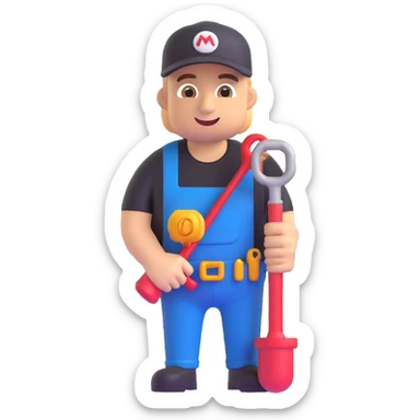 Plumber wearing a black t-shirt in 3D emoji style, microsoft style 3d fluent emoji with smooth shading and vibrant colors. sticker