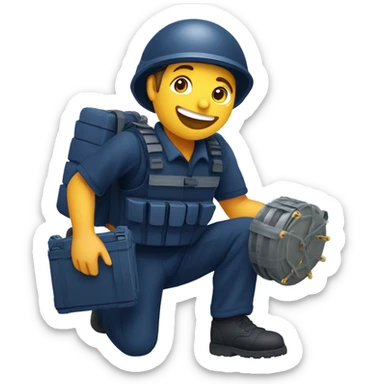 happy landmine clearance deminer holding landmine detector looking for bombs on the ground. navy blue outfit.   sticker