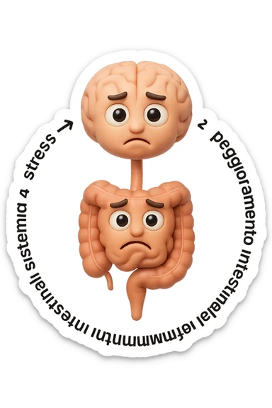 EMOJI STILE IPHONE 3D DI un cerchio con queste scritte che girano intorno in ordine per come li ho scritti "1. stress → 2. peggioramento intestinale → 3. aumento infiammazione → 4. peggioramento sintomi intestinali e sistemici." al centro del cerchio metti un cervello e intestino umani collegati verticalmente con espressione dubbiosa in volto, FALLO MOLTO REALISTICO IN 3D sticker