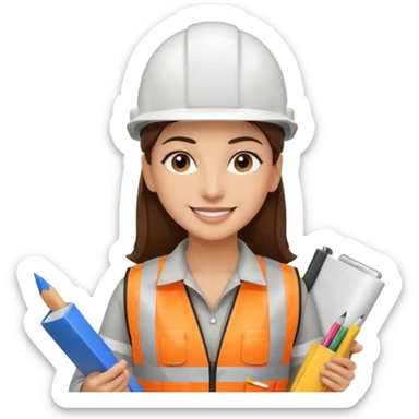 Arquitecta ojos marrones oscuros pestañas piel oliva pelo marron por los hombros sonrie casco blanco chaleco reflectante y material de dibujo técnico sticker