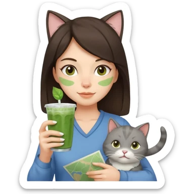 a brunette woman in here 30S drinking an iced matcha, carrying a grey cat and a map of the world sticker