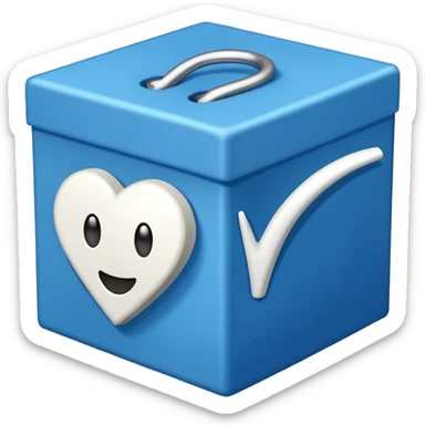 A blue box  and a white tick 1d sticker