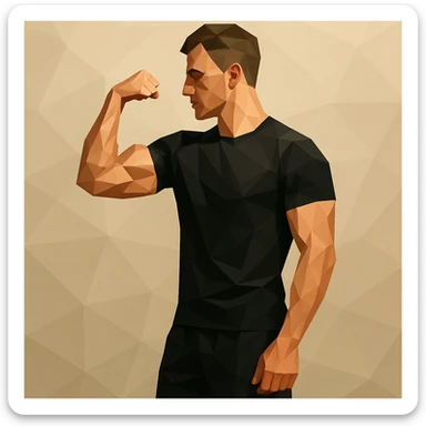 Athletic man in black shorts and black t-shirt stands sideways and shows biceps sticker