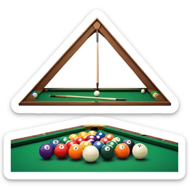 A close-up of a billiard table with a cue stick lined up to strike a colorful set of balls. The focus is on the precision of the shot, with the table’s green surface and the triangular arrangement of balls, creating a dynamic scene of strategy and concentration in the game of billiards. sticker