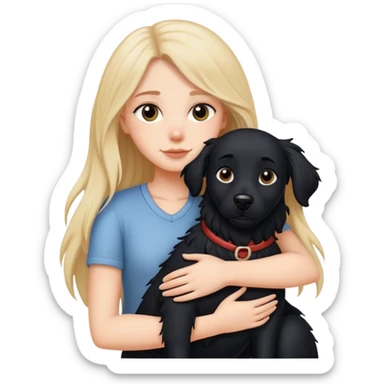 A white girl hugs a long-haired black dog sticker