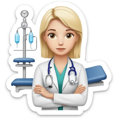 A blonde female kinesiologist with a thoughtful expression, wearing professional medical attire, in a physical therapy clinic setting sticker