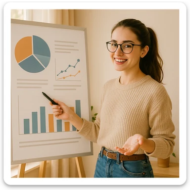 aesthetic style girl with glasses and ponytail, showing graphs in a presentation, bright and cozy atmosphere sticker
