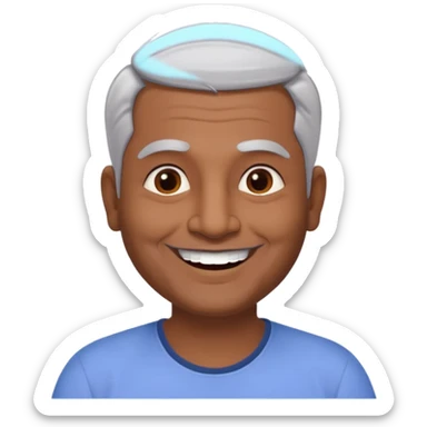 50 yr old indian man, dark skin, grey hair, big smile, white teeth, chubby, no moustache, clean shaven, young style hair, bindy, hair brushed back, stubble sticker
