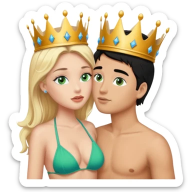 Blonde Queen with crownGreen eyes in Bikini kissing Male subject without crown black hair blue eyes Background Castle  sticker