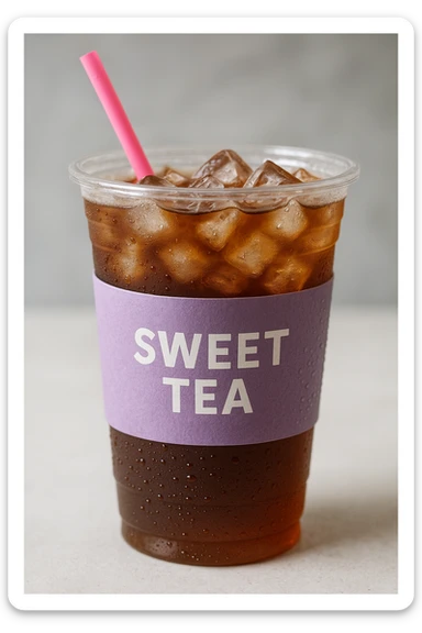 realistic sweet tea cup with a lavender colored sleeve, pink straw, ice cubes, condensation on the cup sticker