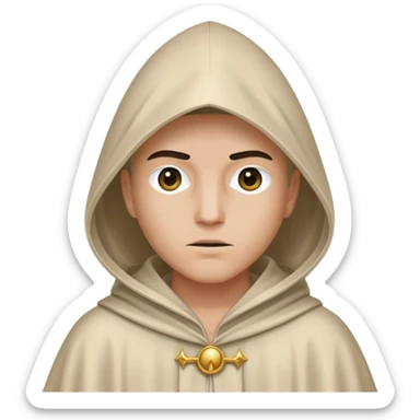 Person wearing a robe and pointed hood resembling a controversial or ceremonial outfit, with only one eye visible through the hood sticker