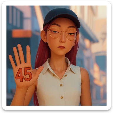 Make the character hold the number 45 in their left hand, keeping the original style and pose. Only add the number 45, do not change anything else. sticker