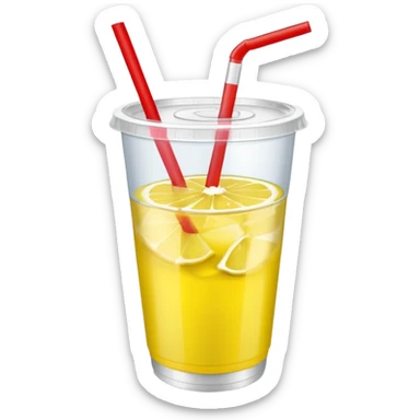 lemonade in a plastic cup without a lid and straw. the cup has a red label wrapped around sticker