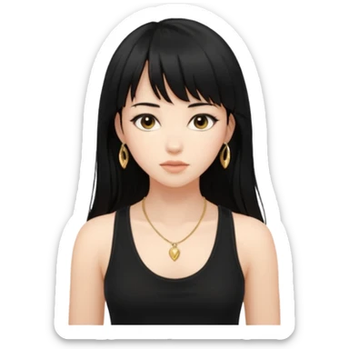 alrighht here’s just the person described for your emoji ai prompt:

> young woman, long black hair with bangs, soft expression, wearing a black tank top and gold necklace, confident pose, natural beauty, warm lighting on face, slightly tousled hair



lmk if u want it more detailed or stylized 🔥
 sticker