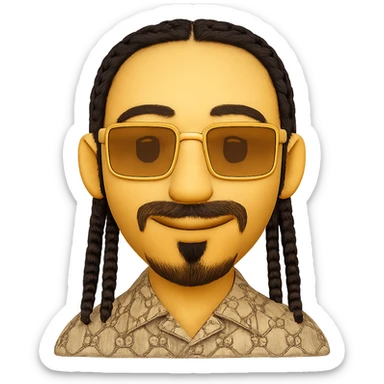 emoji of a smiley with a thin face, lighter skin, beard only on chin, mustache above upper lip, no hair under lower lip, detailed black braids, rectangular golden sunglasses, beige GG patterned shirt with visible collar, transparent background, match reference photo details closely sticker