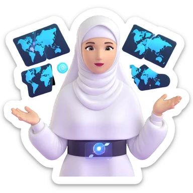woman with white hijab interacting with holographic metaverse interfaces, augmented reality displays, virtual machine artifacts, digital world sticker