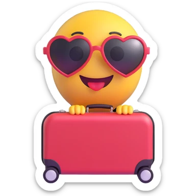 3D smiley emoji, nagy szempillás, bőrönddel, szívecskés napszemüvegben sticker