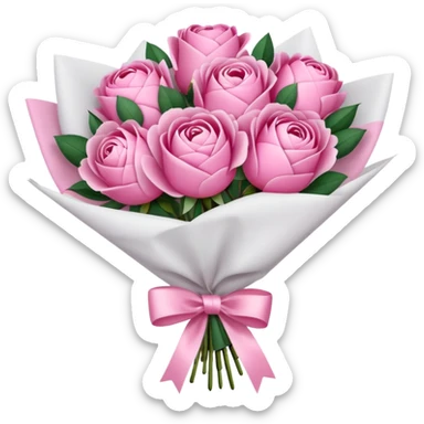 Bouquet of pink flower like rose and peony wrapped in white paper sticker