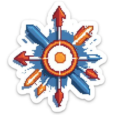 Bomb range power-up sprite, 64x64 pixels, explosion with red and orange arrows extending outward in four directions, target/bullseye design, vibrant red/orange color palette, clean pixel edges, recognizable icon that represents increased blast radius sticker
