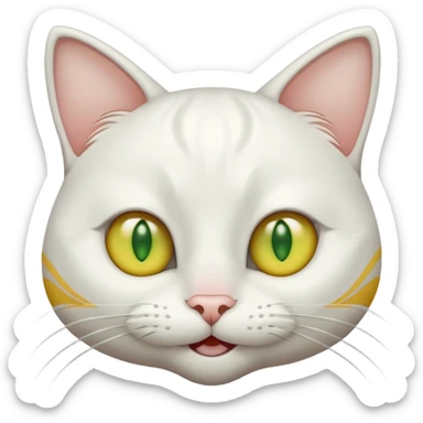 Realizar emoticonon de gato blanco con tonos gris claro solo carita sonriendo muy feliz ojos grandes de color verde con amarillos sus hijos  y bigotes largos  sticker