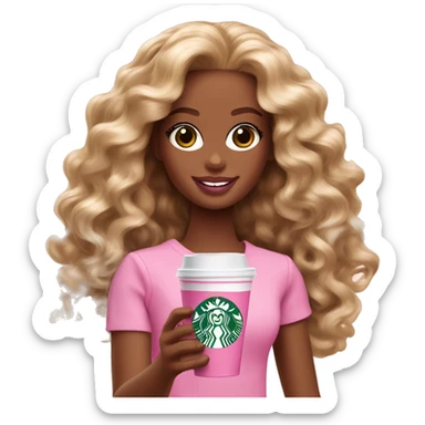 Barbie girl with brown and blonde Omni long curly hair holding Pink starbucks refresher sticker