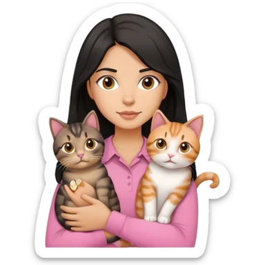 The long, slightly wavy black-haired girl wearing a pink shirt is holding two tabby cats. sticker