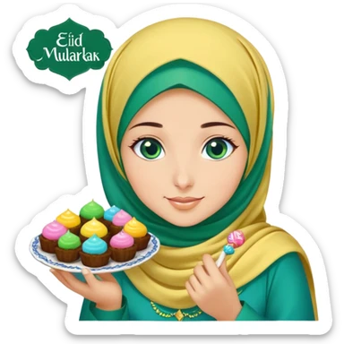 Turkish beautiful finish Konya girl blue eyes with green emerald yellow hijab islamic dress and had on her hand text Eid Mubarak with sweets and celebrating with her friends eid days   sticker