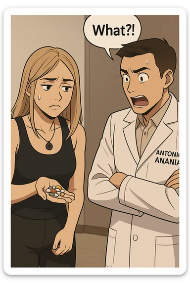 fai un webtoon/manga a colori con questo kinesiologo in camice bianco (fagli la scritta "ANTONIO ANANIA" SUL CAMICE) CHE PARLA CON QUESTA RAGAZZA. LA RAGAZZA HA UN PUGNO DI INTEGRATORI IN MANO (TANTE PILLOLE DIVERSE) E LE GUARDA DUBBIOSA. IL KINESIOLOGO CON IL CAMICE BIANCO LE DOMANDA UNA COSA SCIOCCATO. NON FARE I FUMETTI, FAI SOLO LORO COME SE DIALOGASSERO sticker