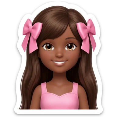 Doll with dark blonde skin with long brown hair with pink bows sticker