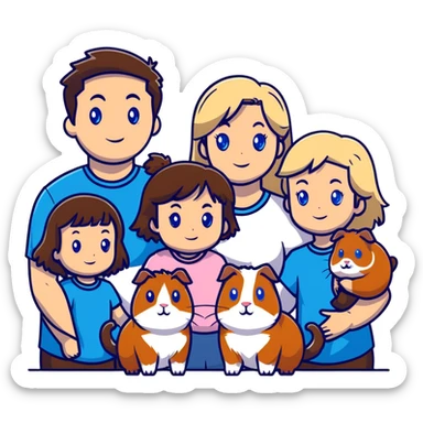 Family portrait with father with dark brown hair and blue eyes, mother with light brown hair and blue eyes, three blonde little girls with blue eyes, plus a cat and two guinea pigs sticker