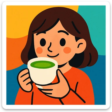 a girl with brown hair drinking matcha sticker