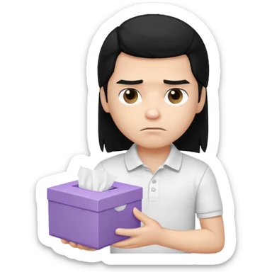 generate a pretty bratz boy with long black hair, wearing a white polo shirt. Looking sad, holding a box of tissues in right hand sticker