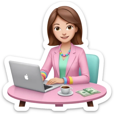  woman character with laptop and coffee relax table, dollars are floating, colorful pastel pink outfit, white laptop, brownn hair, fair skin,  sticker