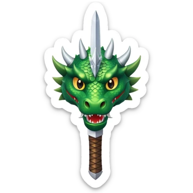 fierce stylized green dragon head with clear simple details, medieval sword with classic hilt and wide sharp blade above, transparent background sticker