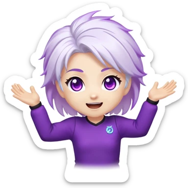Chibi Sable Ward with excited hype expression, both arms raised high, eyes shining, white hair with purple streaks, fully purple eyes, energy effect around her, extremely excited sticker