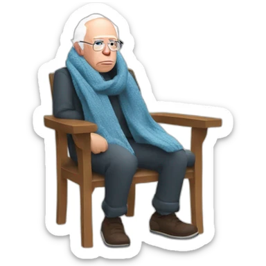Bernie sanders sitting on chair having cold wearing a scarf sticker