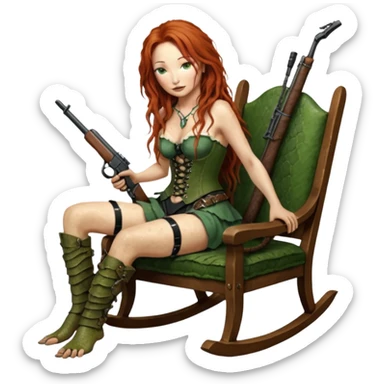 cinematic realistic ultra HD very old and tired Tori Amos casually crouches on a rocking chair in a torn corset, holding a double-barreled rifle and with muddy barefoot - a big snake wrapped itself around the chair sticker