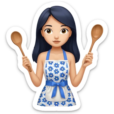 Girl with tan skin long black hair, in a blue and white floral apron, a white tube top with a mixing spoon in hand  sticker