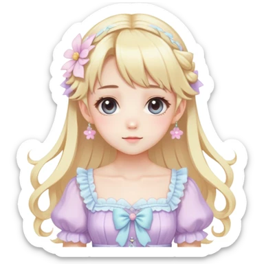 cute kawaii anime pastel lady with blonde hair, wearing a gorgeous dress, fairycore cottagecore style, highly detailed, trending aesthetic sticker
