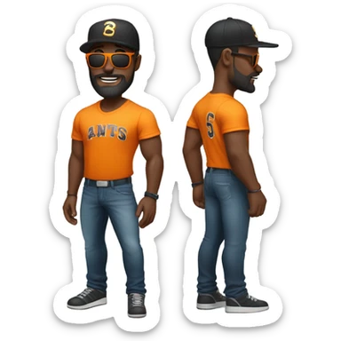 Muscular Black man in shades with a beard, mustache, and orange tee shirt with baseball cap. sticker