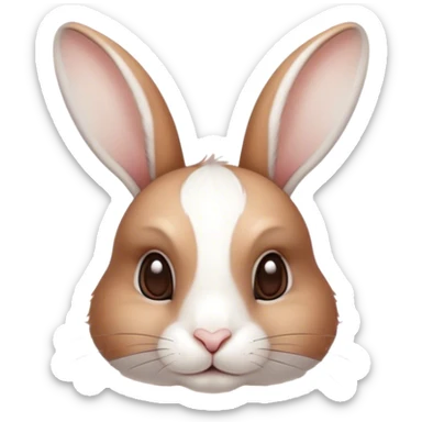 Cinematic Noble White and Brown Rabbit Portrait Emoji, Poised and regal, with a balanced, compact build and a beautifully patterned fur of pristine white accented by rich brown patches, long, alert ears and deep-set soulful eyes, Simplified yet sharp and sophisticated features, highly detailed, glowing with a soft, dignified glow, high shine, intelligent and gentle, stylized with an air of refined charm, focused and attentive, soft glowing outline, capturing the essence of a watchful and confident companion, so majestic it feels as though it could hop out of the screen with effortless authority! sticker