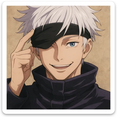 Gojo Satoru, blue eyes revealed, playful smile, anime style sticker