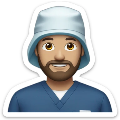 White man with brown beard and brown eyes wearing a surgical cap and mask with navy blue scrubs sticker