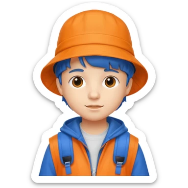 A little student with bucket hat, orange jacket, blue backpack sticker