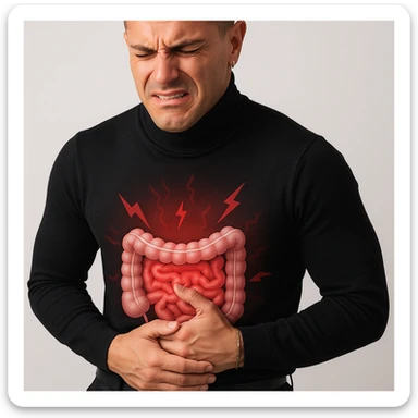 Realistic style image of a man standing, one hand on the abdomen, face contracted in pain, intestine highlighted with redness and inflammation symbols. Neutral background. sticker