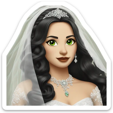 Hyper Realistic ornate ballgown long sleeve Wedding dress with diamanté on Russian bride with light skin and green eyes and long black hair with veil hyper realistic  sticker