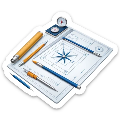 Create a sleek and modern icon representing Architecture, featuring elements like blueprints, a drafting table, and architectural tools (ruler, compass). The design should be visually sophisticated, clean, and professional, without any emojis. The background should be transparent sticker