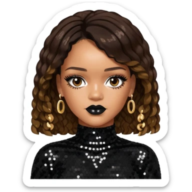 Rihanna with dark brown hair, black sequin outfit  sticker