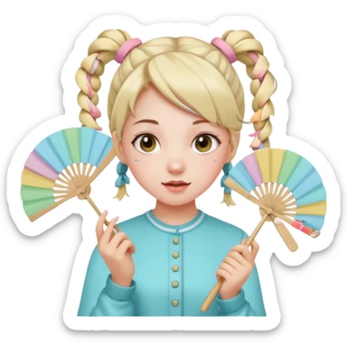 A pigtail girl in modern outfit using a pastel fan with playful expression. sticker